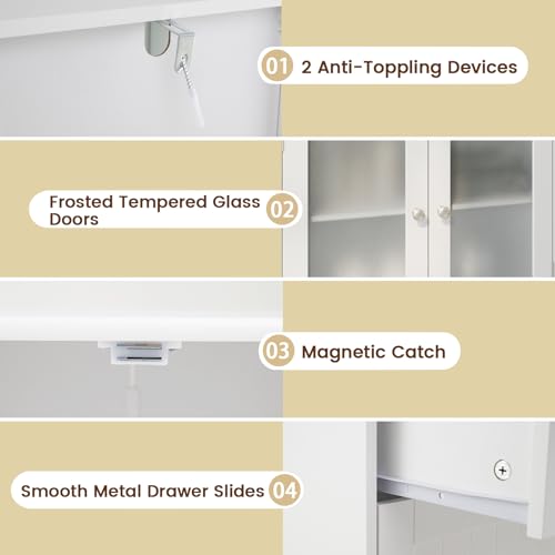 Tangkula Bathroom Floor Storage Cabinet, Freestanding Cupboard Pantry with 2 Drawers and 2 Frosted Glass Doors, Adjustable Shelf, for Kitchen, Living Room, Dining Room, 23.5" x 12" x 42.5" (White)