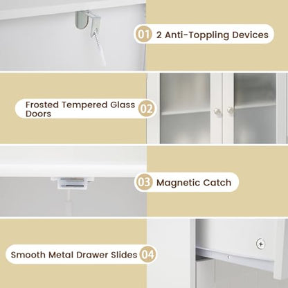Tangkula Bathroom Floor Storage Cabinet, Freestanding Cupboard Pantry with 2 Drawers and 2 Frosted Glass Doors, Adjustable Shelf, for Kitchen, Living Room, Dining Room, 23.5" x 12" x 42.5" (White)