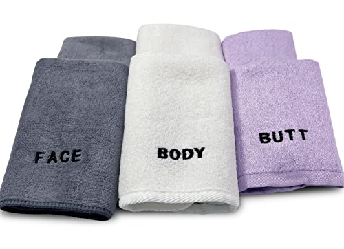 Crafty Cloth 6-Piece Washcloth Set – Face, Body, Butt Cloths | 3 Distinct Textures | Ultra-Soft, Rigid Exfoliation, and Hygiene Cloths for Sensitive Areas (Gray,White,Purple, Embroidered 6-Piece Set) - color: Gray,white,purple