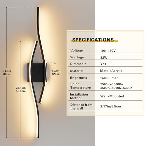 Joossnwell Vanity Light Modern Bathroom Lighting Fixture Over Mirror Black | 31.5 Inch Vanity Light Bar Dimmable 5CCT Vanity Lighting Led Bath Wall Lamp - color: Black, size: 31.5 inch long