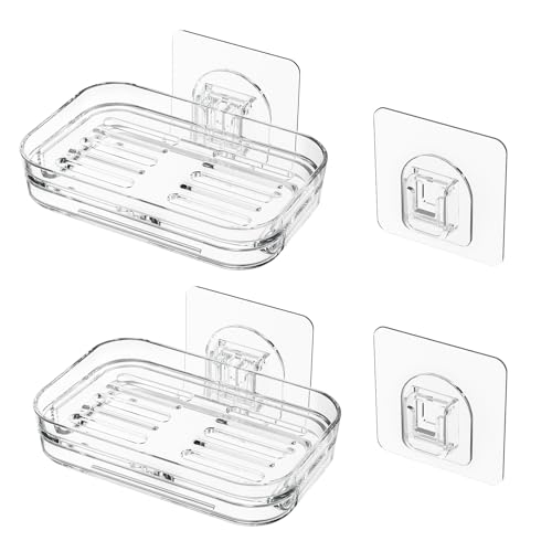 Bar Soap Dish 2 Pack,Self Draining Soap Holder for Shower,Wall Mounted Soap Saver with Strong Adhesive, No Drilling Clear Plastic Holder for Bathroom Storage & Kitchen Sink Organizer,Keeps Soap Dry - color: 2 Pack Dual-layer Soap Dish
