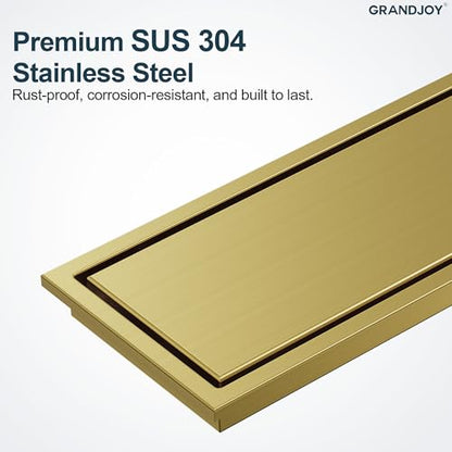 12-Inch Linear Shower Drain, Brushed Gold SUS304 Stainless Steel with 2-in-1 Tile Insert Cover & Flat Grate, High Flow Floor Drainer with Hair Strainer, Adjustable Feet - color: Brushed Gold, size: 12