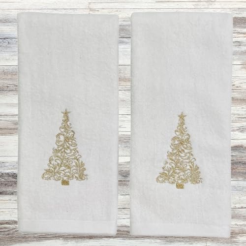 Decorative Christmas Theme Towel Set: Luxury Bathroom Plush Velour Cotton Hand Towels of Gold Embroidered Tree, Set of 2 - color: Gold Tree