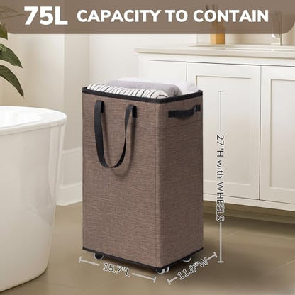 Goodpick 75L Collapsible Laundry Baskets with Removable Wash Bag and Wheels | Laundry Basket with Wheels, Rolling Laundry Hamper with Handle for College Dorm, Laundry Hamper on Wheels, Light Brown - color: Light Brown