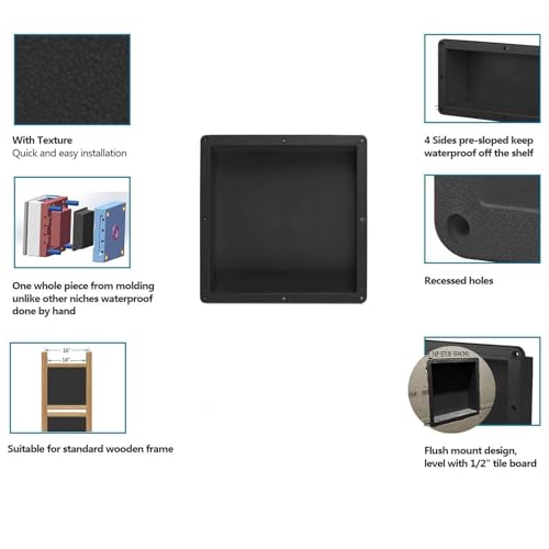 Shower Niche Insert Tile Ready, Black Recessed Bathroom Niche for Shower Wall, 15.65" L x 15.65" W x 4" D Shower Shelf for Inside Shower, Shampoo & Toiletries Storage, Easy to Installation Never Leak - size: 15.65" L x 15.65" W x 4" D