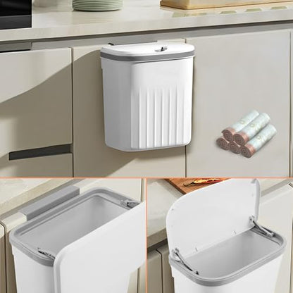 Hanging Trash Can with Lid, 3.2Gallon Kitchen Compost Bin, Wall-Mounted Garbage Can, Small Trash Can Cabinet with 5 Rolls of Trash Bags for Kitchen Cupboard Rv Bedroom Office Bathroom Camping