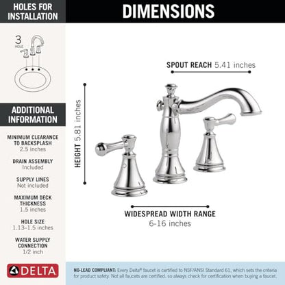 Delta Cassidy Chrome Bathroom Faucet 3 Hole, 8 Inch Widespread Bathroom Sink Faucet for Vanity, Metal Push-Pop Drain Assembly, Chrome 3597LF-MPU - color: Chrome