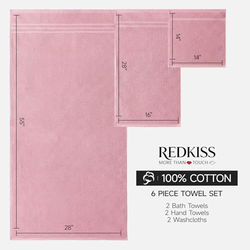 REDKISS Pink Towels Set 6 Piece Cotton Towel Sets with 2 Bath Towels, 2 Hand, 2 Washcloths, 650GSM Hotel Quality, Soft, Highly Absorbent Towels for Bathroom Gym, Ideal Everyday Use - color: Pink