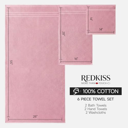REDKISS Pink Towels Set 6 Piece Cotton Towel Sets with 2 Bath Towels, 2 Hand, 2 Washcloths, 650GSM Hotel Quality, Soft, Highly Absorbent Towels for Bathroom Gym, Ideal Everyday Use - color: Pink
