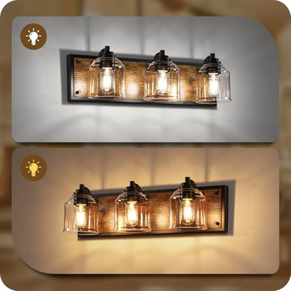 3-Light Bathroom Fixture, 23.2" Large Farmhouse Vanity Light, E26 Base (Bulbs Not Included), Thickened Glass Shade, for Bathroom, Bedroom, Vanity, Hallway, Rustic Brown and Black F17BD05 - size: 3-Light