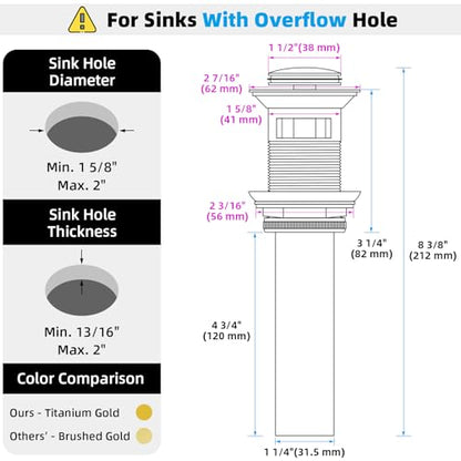 Angle Simple Pop Up Sink Drain Stopper with Overflow, Deep Titanium Gold | Brass Bathroom Sink Stopper Replacement, Fits Lavatory & Vanity Sink with 1.61 to 2 Inches Drain Hole - color: Deep Titanium Gold