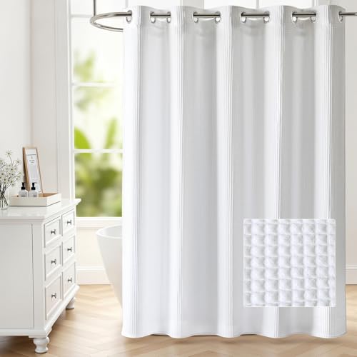 River Dream Waffle No Hooks Shower Curtain with Snap in Liner,Cotton Blend Fabric Shower Curtain for Bathroom,Hotel Quality,White,71 Wx 74 L - color: White, size: 71"W x 74"L (Pack of 1)