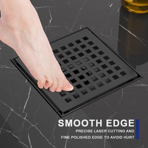 4 Inch Matte Black Square Shower Drain with Removable Grate | AISI 304 Stainless Steel Shower Drain, Floor Drain with Hair Catcher & ABS Flange, Fits Bathroom & Balcony etc - color: Matte Black, size: 4 in