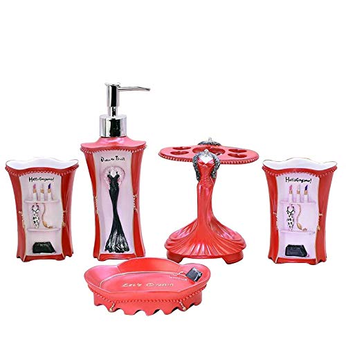 5 Piece Bathroom Accessories Set, Collection Bath Set Features Soap Dispenser, Toothbrush Holder, Tumbler, & Soap Dish (RED) - size: 5PCS-RED
