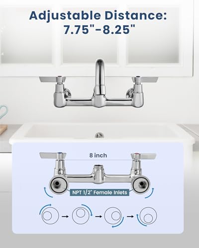 Airuida 8 Inch Chrome Polish Wall Mounted Kitchen Faucet with 12 Inch Spout | Commercial Sink Faucet,Dual Handles,Utility Sink Faucet,360° Swivel Spout - size: 12 Inches Spout