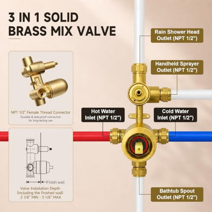 Gold Shower System with Tub Spout, All Metal Bathtub Shower Faucet Set with High Pressure 10 Inch Rain Shower Head and Handheld Shower Head Set, Brushed Gold (Valve Include) - color: Brushed Gold