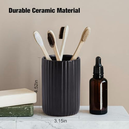 Black Toothbrush Holder, Ceramic Tooth Brush Holder Set, Ribbed Bathroom Cups Tumbler, Reusable Toothbrush Mouthwash Cup, Toothpaste Holder Toothbrush Organizer for Bathroom Counter - color: Ribbed-black