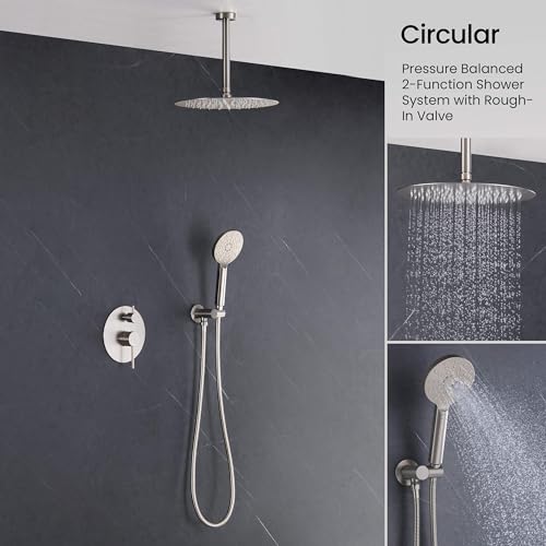 Circular Ceiling Mounted Shower System with 2-Function Faucet Set | Solid Brass Pressure Balanced Valve | Anti-Scald Design for Reliable Water Temperature Control (Brushed Nickel Finish, KSF408) - color: Brushed Nickel