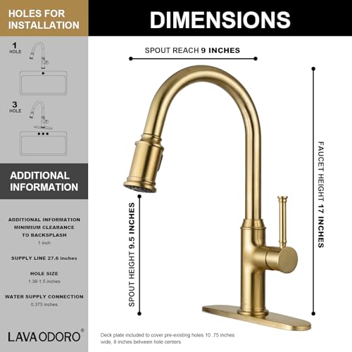 Lava Odoro Bronze Gold Kitchen Faucet with Pull Down Sprayer, Brushed Brass Kitchen Sink Faucet, Single Hole Kitchen Faucet with 3-Function Sprayer, Deck Plate Included, Spot-Free, 1.8 GPM, KF421-BB - color: Brushed Bronze, style: Standard