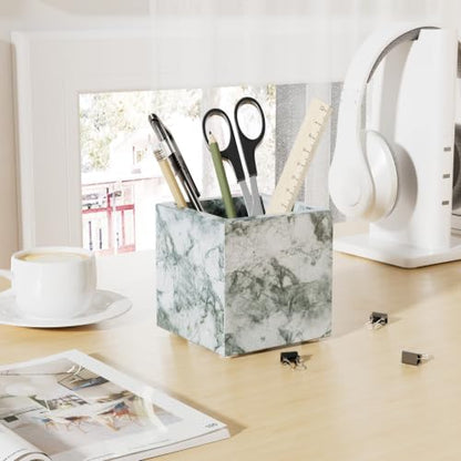 Rectangular Toothbrush Holder,Pencil Cup,3.9x3.9x3.9in,Cyan Green | Marble Pen Holders with Natural Patterns,Makeup Brush Organizer with Anti Slip Foot Pads,Stone Utensil Container for Office - color: Cyan Green Texture