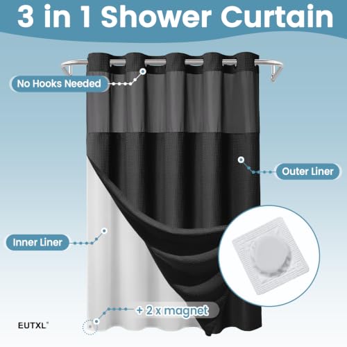 EUTXL 256GSM No Hook Waffle Weave Shower Curtain with Liner, 71x74, Black | Snap in Liner, Extra Thick, Heavy Drape, 3 in 1 Hotel Style Bath Curtain Set, Quick Dry, with Magnets, Waterproof & Washable - color: Black, size: 71"W x 74"L (Pack of 1)