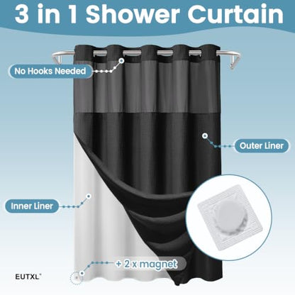 EUTXL 256GSM No Hook Waffle Weave Shower Curtain with Liner, 71x74, Black | Snap in Liner, Extra Thick, Heavy Drape, 3 in 1 Hotel Style Bath Curtain Set, Quick Dry, with Magnets, Waterproof & Washable - color: Black, size: 71"W x 74"L (Pack of 1)