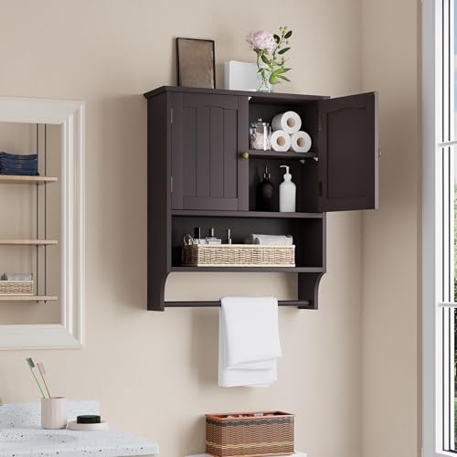 Smuxee Brown Wall Cabinet with Towel Bar - Medicine Cabinet with Adjustable Shelves, Over Toilet Cabinet for Laundry Room Kitchen - color: Brown Big With Towels Bar
