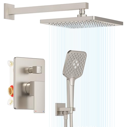 Gabrylly Shower System, Wall Mounted Shower Faucets Sets Complete for Bathroom with High Pressure 10" Rain Shower head and 3-Setting Handheld Shower Head Set, 2 Way Shower Valve Kit, Brushed Nickel - color: brushed nickel 02