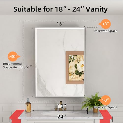 16x24 Inch Medicine Cabinet with Mirror, Aluminum Medicine Cabinet, Black | Tempered Beveled Edge Mirror Single Door, Adjustable Glass Shelves, Surface or Recessed Mount Bathroom Mirrors with Storage - size: 16 in. x 24 in.