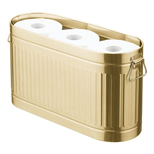 mDesign Large Steel Free Standing Toilet Paper Organizer, 6-Roll Tissue Storage Holder Container for Bathroom Floor, Fits Under Sink, Vanity, Shelf, In Cabinet, or Corner Oscar Collection - Soft Brass - color: Soft Brass