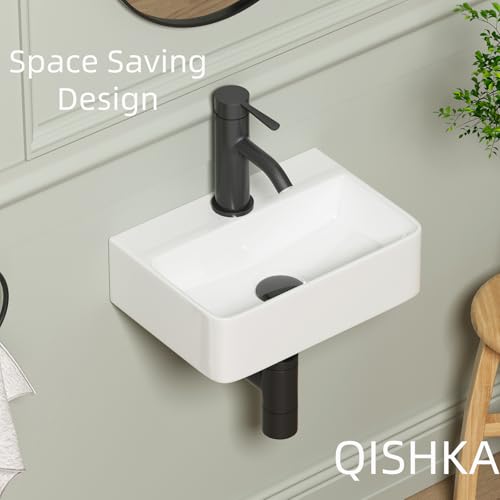 Wall Hung Bathroom Vessel Sink, QISHKA 14.5" X 10" Rectangular Floating Ceramic Wash Hand Basin White Wall Mount Vanity Sink for Small Bathroom and Small Cloakroom - size: 14.5" x 10" x 4.3"