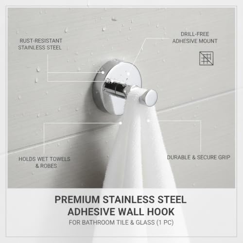 Wall Hook Stainless Steel Adhesive Mount for Bathroom Tile and Glass, Drill-Free Holder for Wet Towels and Robes (1 Piece) - size: 1.93 x 1.97 x 0.63 in