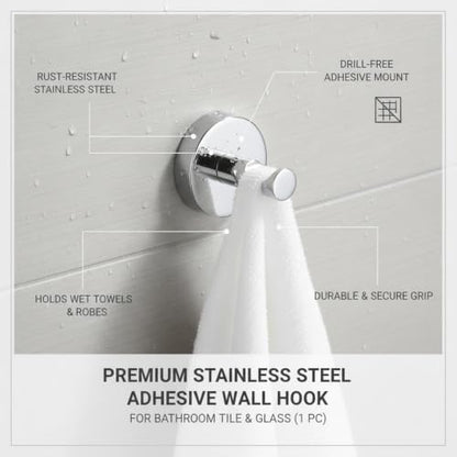 Wall Hook Stainless Steel Adhesive Mount for Bathroom Tile and Glass, Drill-Free Holder for Wet Towels and Robes (1 Piece) - size: 1.93 x 1.97 x 0.63 in