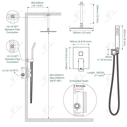 SunCleanse Rainfall Shower System with High Pressure in Brushed Gold | Ceiling mounted shower combo set featuring a 12" square rain head, handheld spray, and rough-in mixer valve with trim. - color: Brushed Gold, style: 12-ceiling