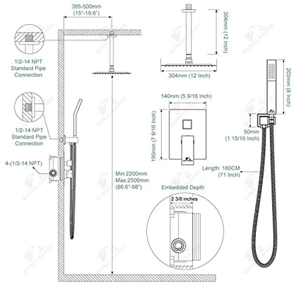 SunCleanse Rainfall Shower System with High Pressure in Brushed Gold | Ceiling mounted shower combo set featuring a 12" square rain head, handheld spray, and rough-in mixer valve with trim. - color: Brushed Gold, style: 12-ceiling