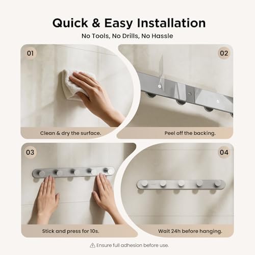 JOMOO Robe Hook, 2 Pack Adhesive Wall Hooks for Bathroom, Stainless Steel Towel Hooks with 5 Hooks Each, No Drill Shower Hooks Heavy Duty 11LBS, Brushed - color: Brushed