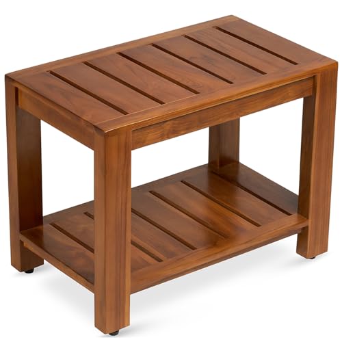 Teak Shower Bench with Shelf, 24” Wide, Shower Stool, Fully Assembled Bathroom Shower Seat, Water-Resistant Spa Bath Bench for Shower, Bathroom & Entryway, The Tara