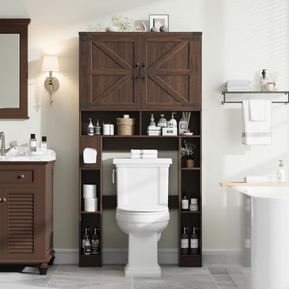 Vabches Home Space-Saving Toilet Rack with 2 Barn Doors, Espresso | Farmhouse Over The Toilet Storage Cabinet, with Toilet Paper Holder Stand, for Laundry, Restroom, Bathroom