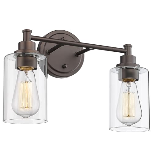 FEMILA Bathroom Vanity Light, Vanity Lighting fixtures, Modern Wall Sconce Bathroom Lighting with Claer Glass Shade, 2-Light Bathroom Light Fixtures, Oil Rubbed Bronze Finish, 4FYC56B-2W ORB - color: Oil-Rubbed Bronze, size: 14.3"