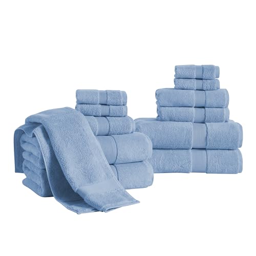 Luxury Cotton & Rayon from Bamboo Towel Set of 12 (Bath Towels 28x54, Hand Towels 16x28, Washcloths 12x12) – Ultra Soft, Absorbent & Quick Drying – Multiple Colors (Blue) - color: Blue