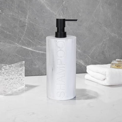 Resin White Marbled Shampoo Engraved Bottle Refillable Pump Dispenser, Durable Waterproof Construction for Bath, Shower - Resin White Marble - Matte Black Pump - color: Shampoo White