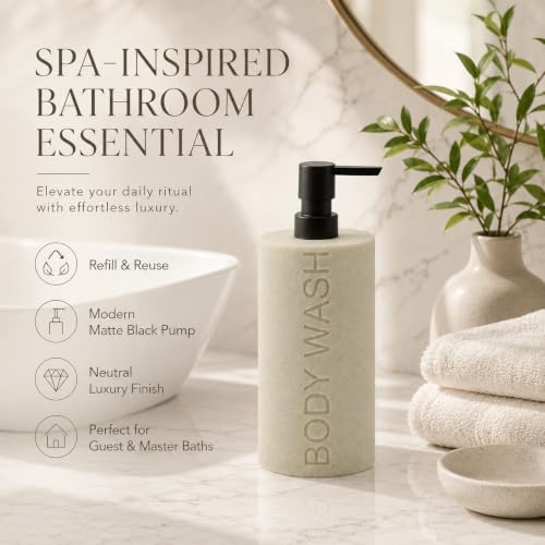 Resin Tan Sandstone Body Wash Engraved Bottle Refillable Pump Dispenser, Durable Waterproof Resin Construction for Bath, Shower - Tan Sandstone, ORB Pump - color: Tan Sandstone Resin, Orb Pump - Body Wash