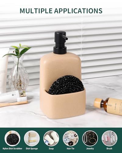 BosilunLife Dish Soap Dispenser - Linen Beige Ceramic Kitchen Soap Dispenser with Sponge Holder Matte Ceramic Soap Daddy Dispenser 20oz for Kitchen Soap Pump and Sponges Caddy - color: Linen Beige