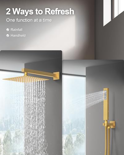 10" Shower System, Wall Mount Shower Faucet Set, Brushed Gold | Pressure-Balance Rough-In Valve Included, High Flow Square Rainhead, Stainless Steel Fixture for Bath Remodels - color: Brushed Gold