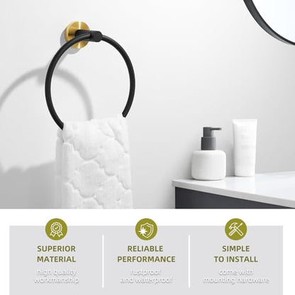 Angle Simple Hand Towel Ring Swivel, Bathroom Towel Holder, Black and Gold | Solid Stainless Steel, Smooth Rotation to Easily Access Dishrag Washcloth in Kitchen Shower, Screws Wall Mounted - color: Black & Gold