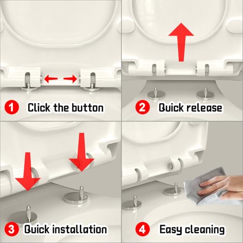 Round Toilet Seat, Standard 16.5″, Slow Close, Almond/Bone | Easy Installation, Easy Cleaning, Quick-attach metal hinges, Quiet Operation, Fits Standard Round Toilets