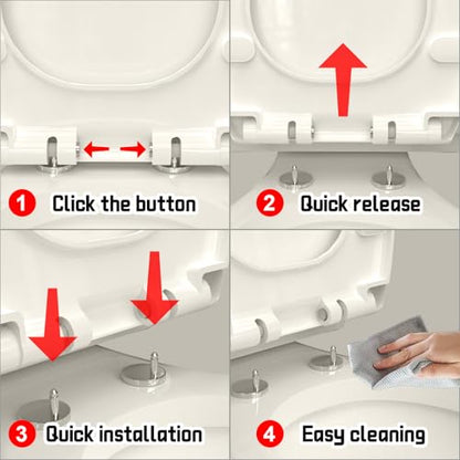 Round Toilet Seat, Standard 16.5″, Slow Close, Almond/Bone | Easy Installation, Easy Cleaning, Quick-attach metal hinges, Quiet Operation, Fits Standard Round Toilets
