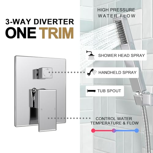 Lava Odoro Modern 3-Setting Square Shower and Tub Faucet Set with Shower Head and Handheld Sprayer Chrome, Rainfall Shower System with Tub Spout, Shower Valve Trim Kit, Chrome, SF103-C-T - color: Chrome, style: With Tub Spout