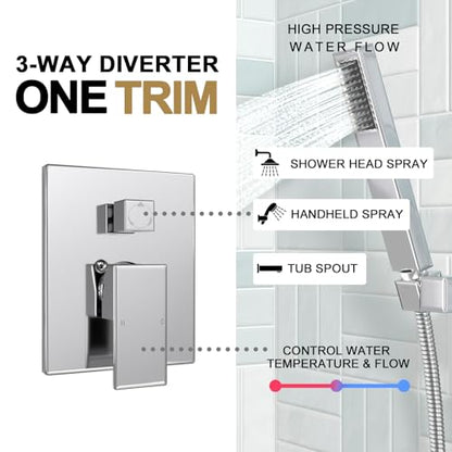 Lava Odoro Modern 3-Setting Square Shower and Tub Faucet Set with Shower Head and Handheld Sprayer Chrome, Rainfall Shower System with Tub Spout, Shower Valve Trim Kit, Chrome, SF103-C-T - color: Chrome, style: With Tub Spout