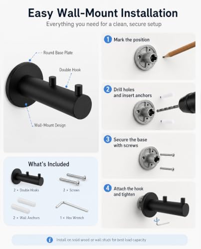 Hooks Heavy Duty Shower Hooks wall Hooks Hooks for Hanging | 304 stainless steel double hooks for bathroom, bedroom, closet, laundry, backpacks, bags and pet leashes - color: Matte Black